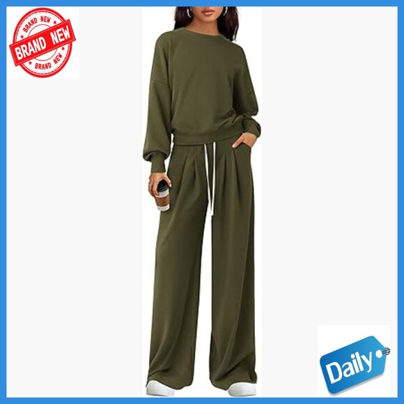Long Sleeve Crewneck Sweatshirt Wide Leg Pants Lounge Set Loose Fit